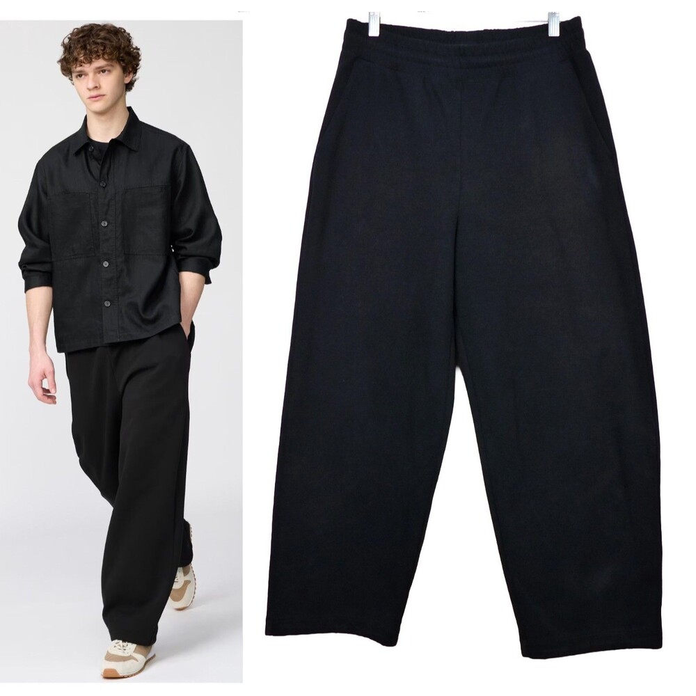 UNIQLO C Sweat Wide Pants Mens L Waist 33-36 Black Wide Leg Elastic Waist 482314